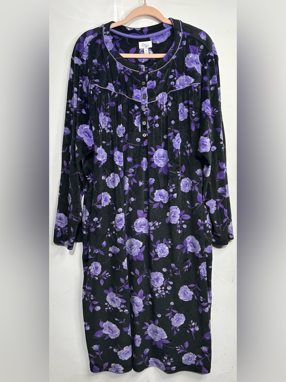 Aria Collection Purple Floral Black Fleece Long Line Nightgown 3X